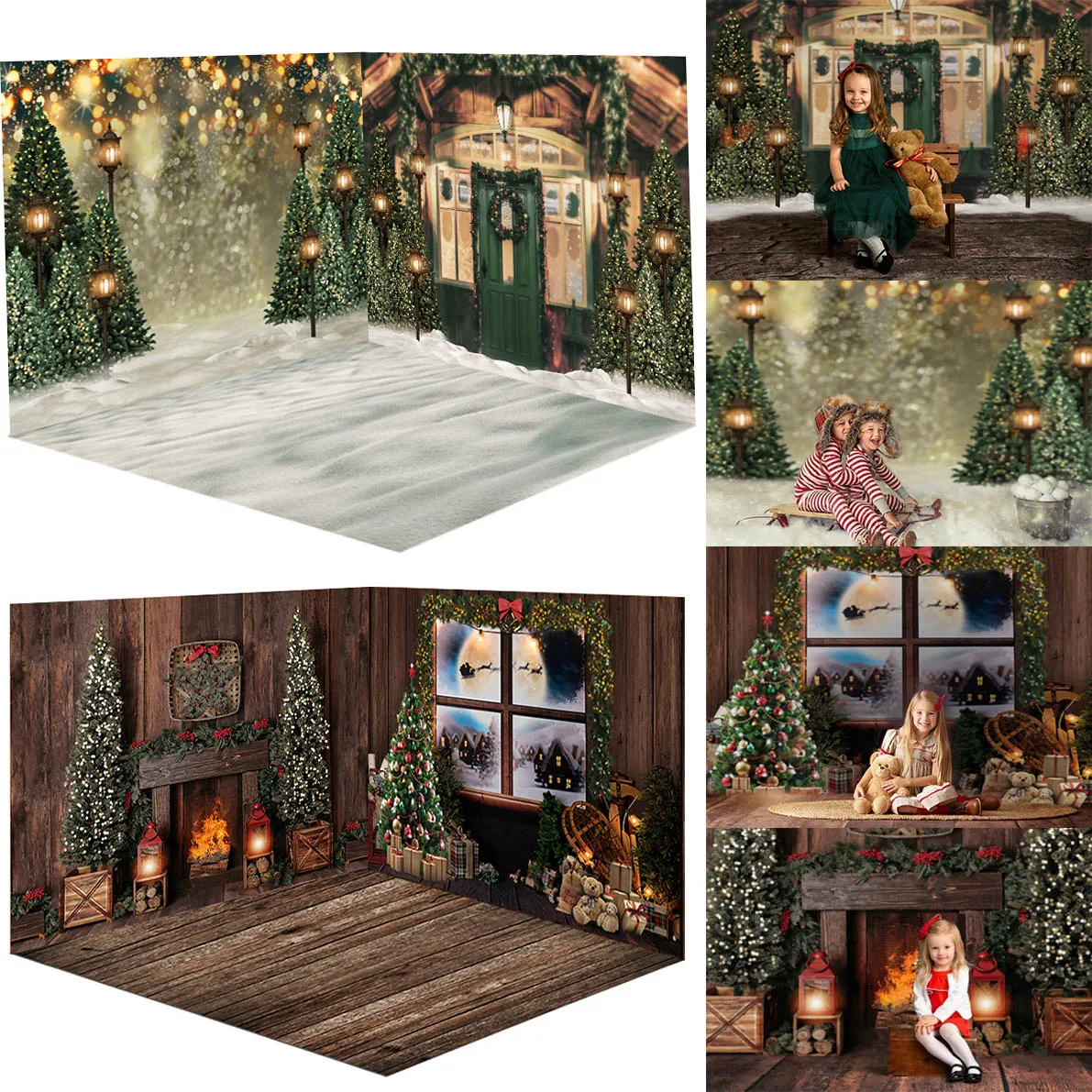 

Mocsicka Merry Christmas Background Photography Fireplace Winter Green Xmas Tree Wood Door Backdrop Room Decoration Photo Studio