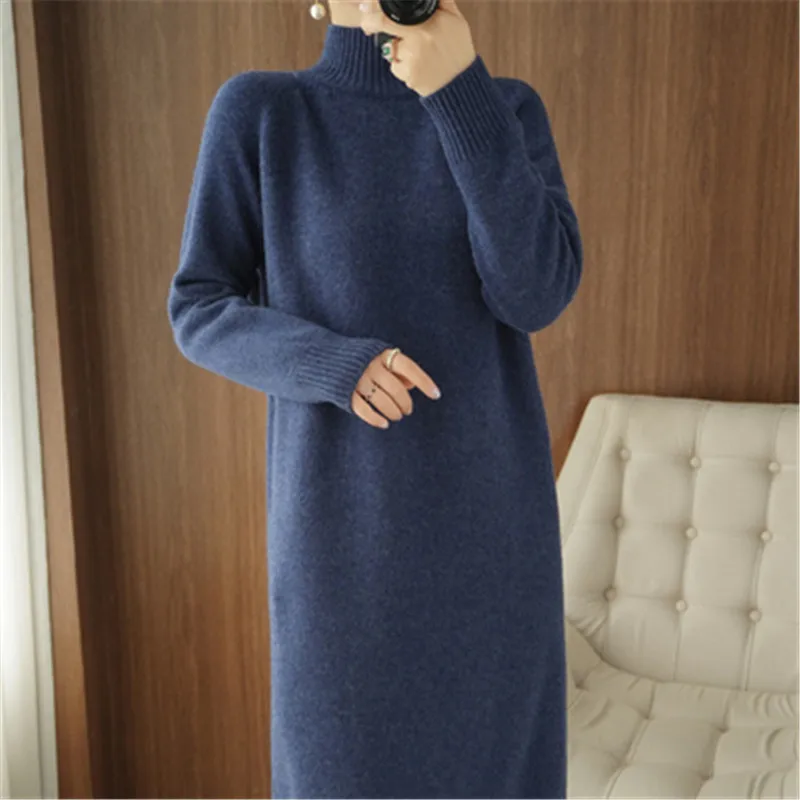 2022 Autumn and Winter New Dress Mid-length Solid Color Casual Half High Neck Knitted Warm Sweater Women Dress A695