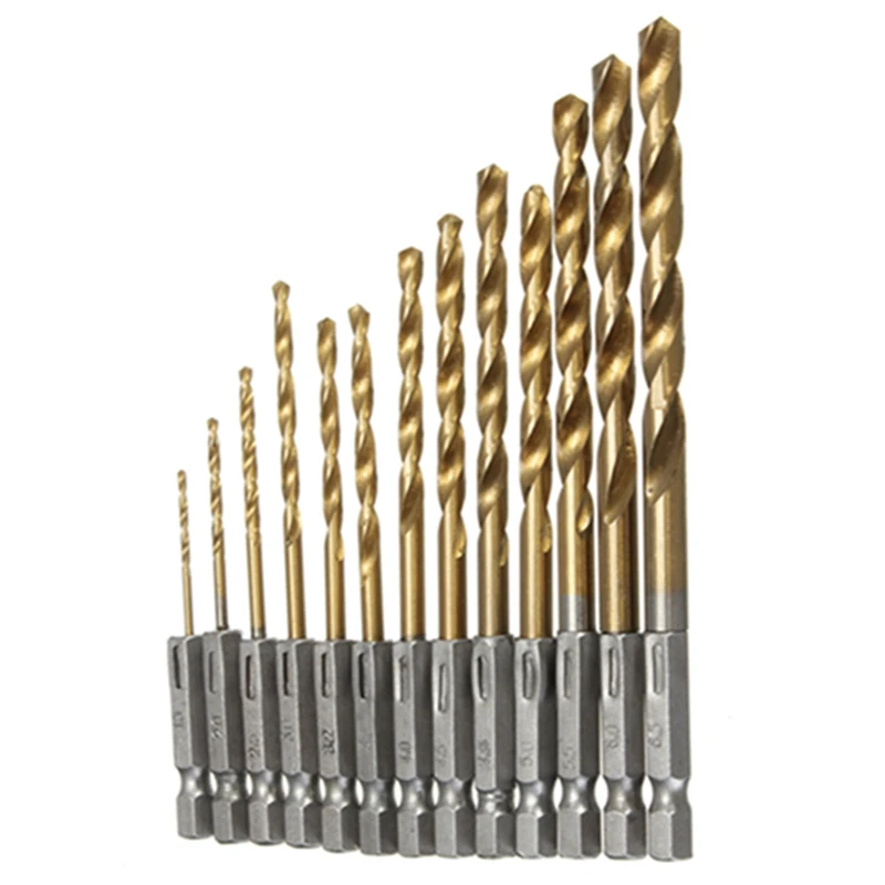 13 sztuk/partia ze stali szybkotnącej HSS pokryte tytanem zestaw wierteł 1/4 uchwyt sześciokątny 1.5-6.5mm wiertło spiralne