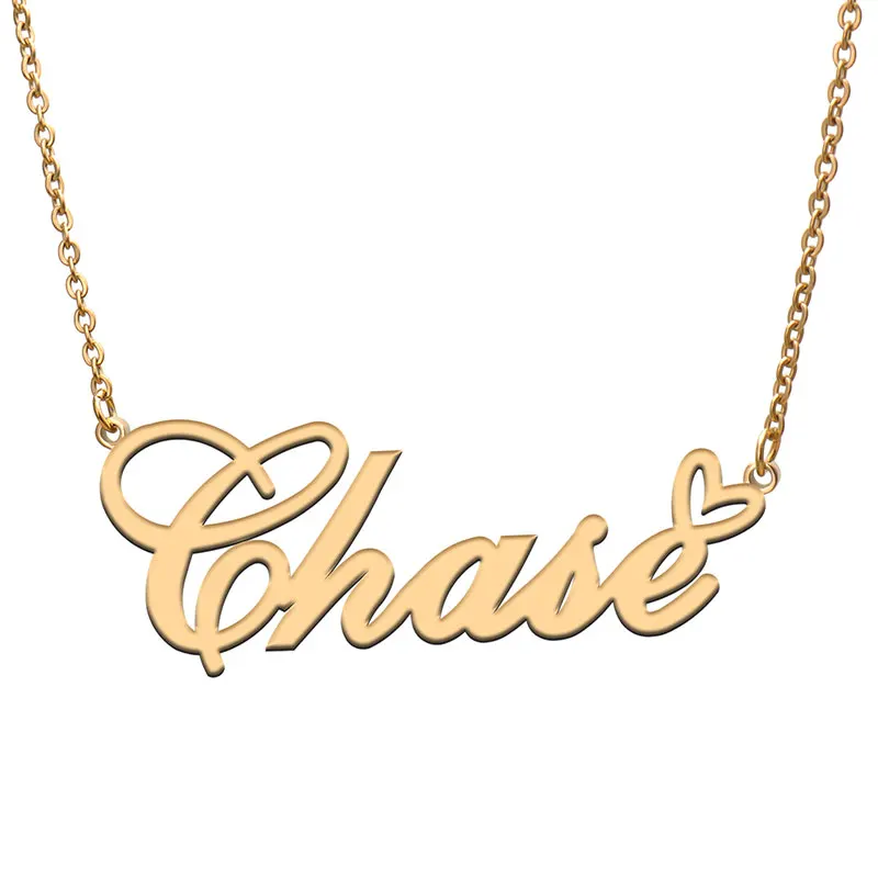 Love Heart Chase Name Necklace for Women Stainless Steel Jewelry Nameplate Pendant Femme Mother Child Girls Gift