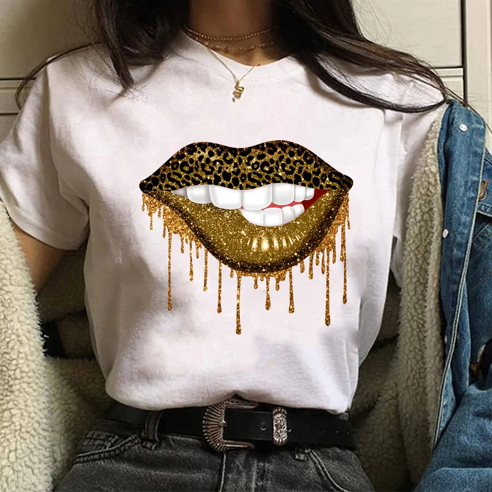 Tshirt Kiss Lip Leopard t shirt women summer fashion plus size women clothing O Neck kawaii femme T shirts Short Sleeve Tops