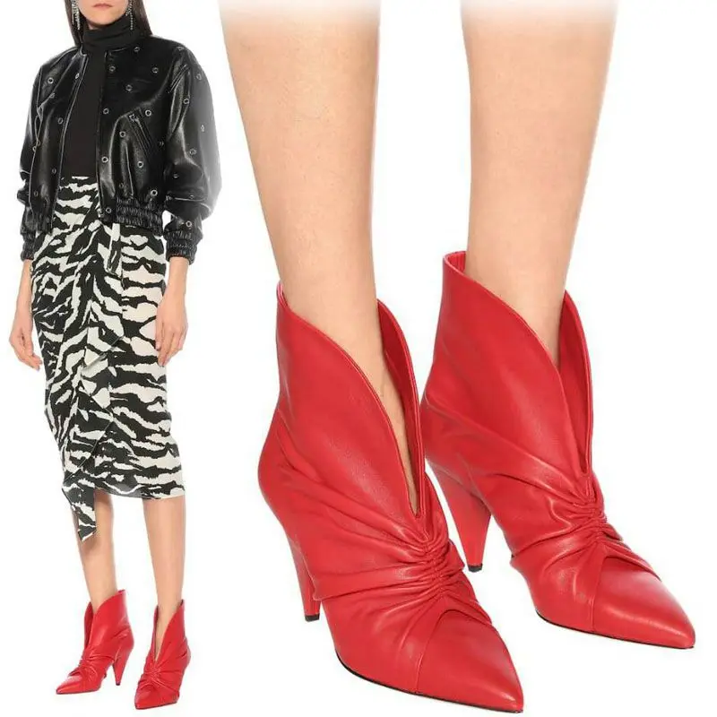 Pleated Ankle Boots Spike Heel Sexy Pointed Toe Slip On Dress Ladies Runway Booties Leather Solid Red Black White Boots