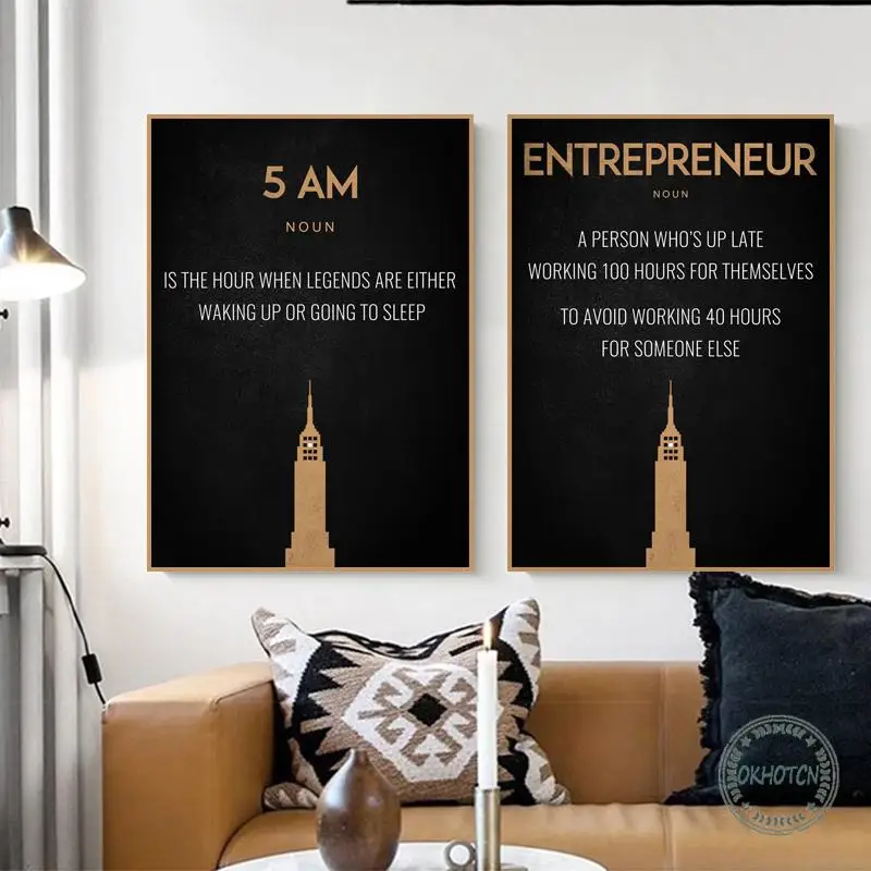 

5Am Entrepreneur Noun Letter Canvas Paintings Motivational Quotes City Silhouette Poster Wall Art Picture Modern Office Decor