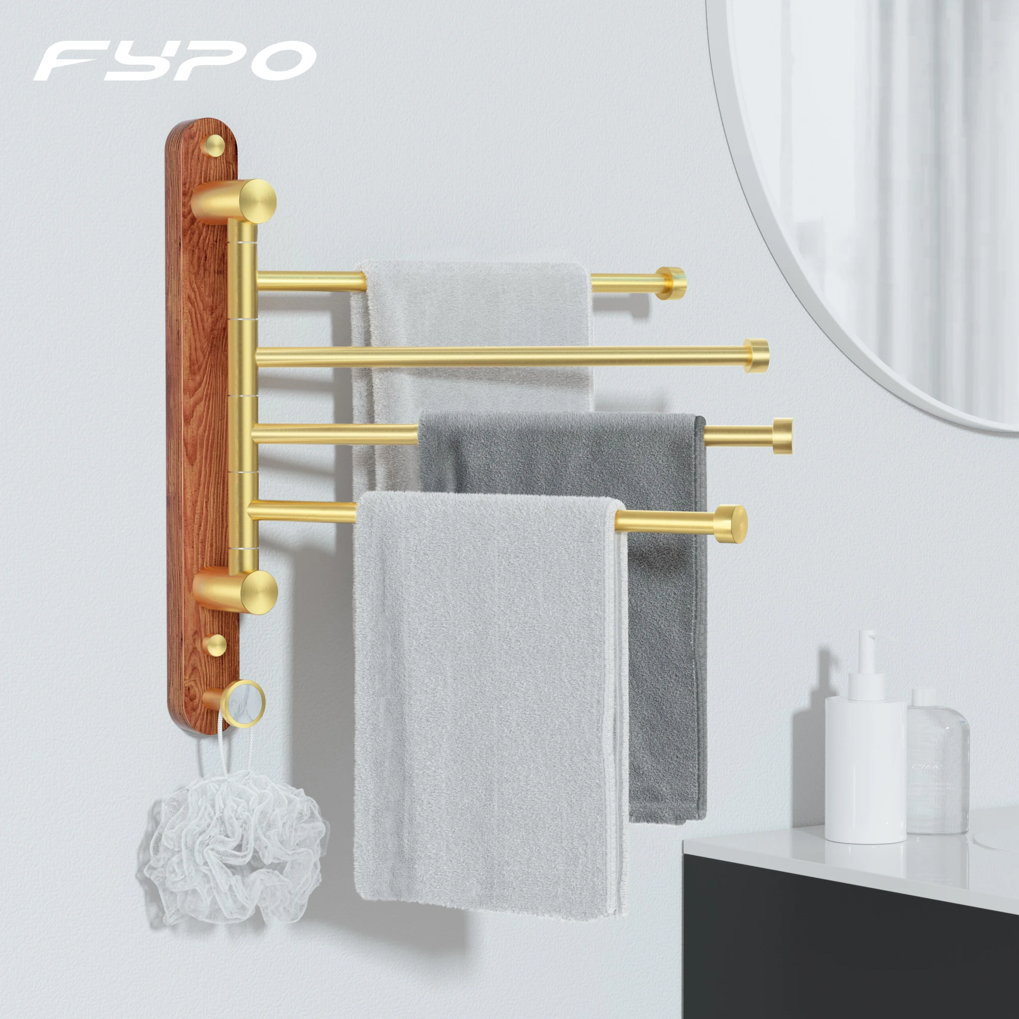 

Fypo Rotating Towel Holder Bathroom Towel Rack Wall Mounted Towel Bar Hanger Black Walnut Swivel Rack 3/4 Bar Bathroom Organizer