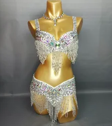 High quality Women's beaded Crystal belly dance costume wear Bar+Belt set sexy female bellydancing costumes 1618