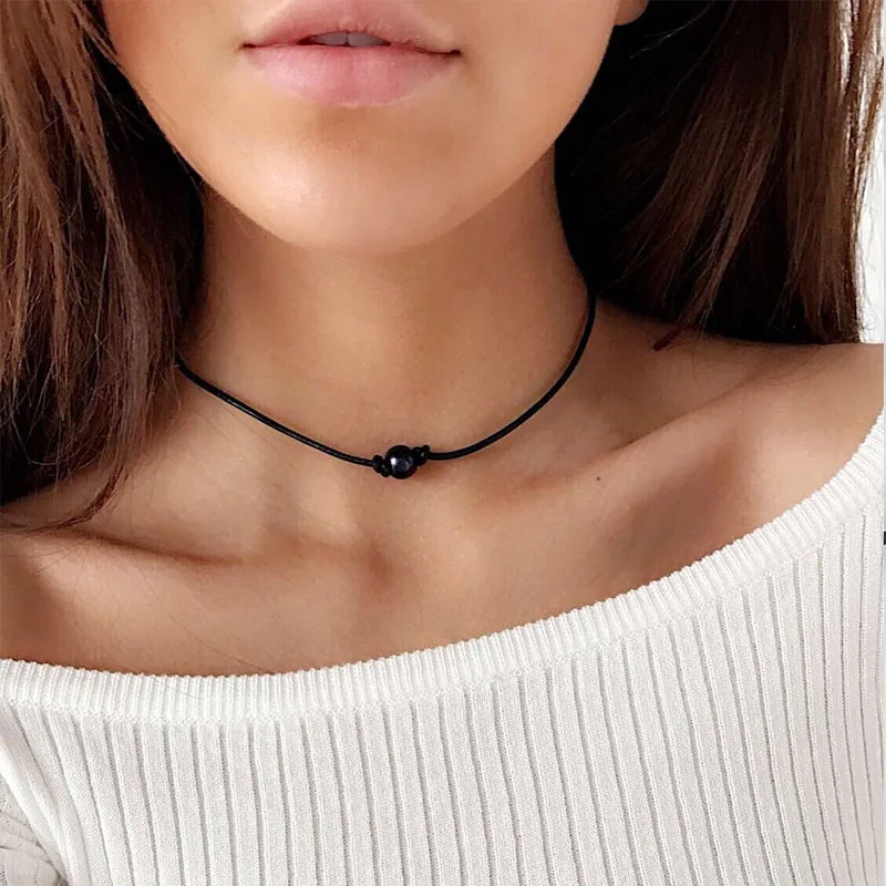 Black Leather Pearl Choker Necklace Real Pearl Necklace Single Pearl Choker Genuine Leather Necklace
