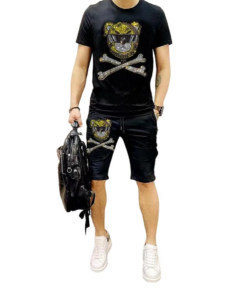 

S-4XL Rhinestones Streetwear suits Anime Men's set design drop shipping summer tracksuit Diamonds