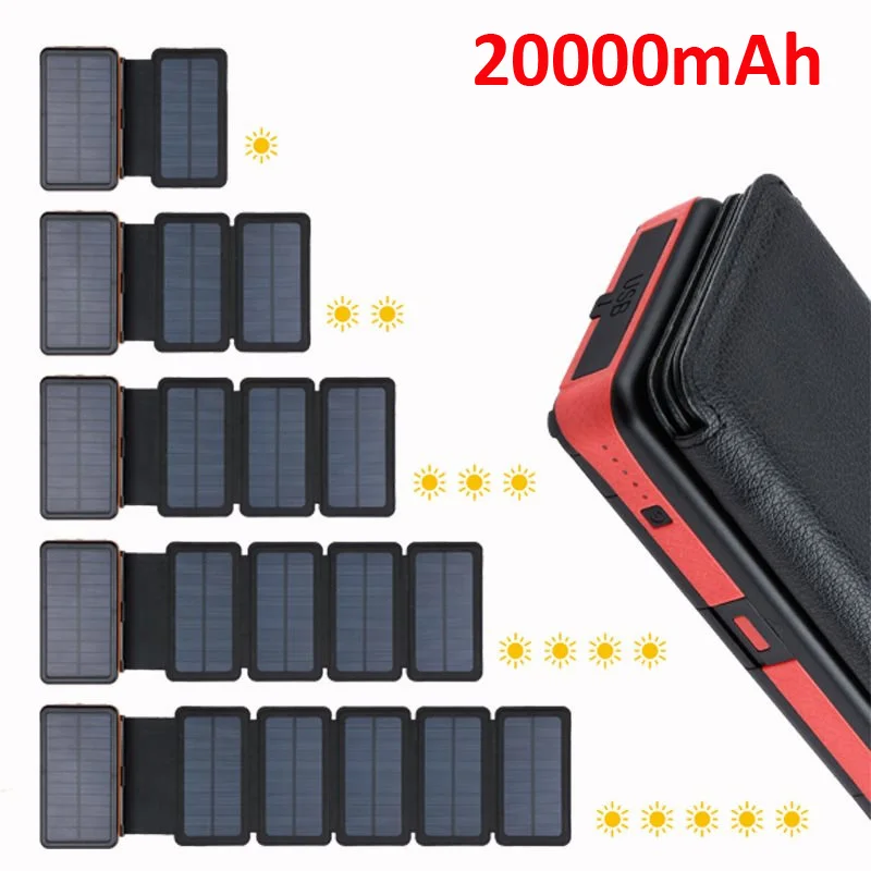 Banco de energía Solar plegable portátil para teléfonos móviles, cargador de Panel Solar plegable, batería externa, 20000mAh