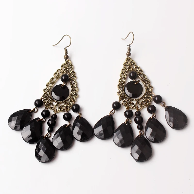 European and American Bohemian Black Retro Ethnic Style Carved Beads Hollow Long Fringe Drop Earrings for Women Wedding Jewelry