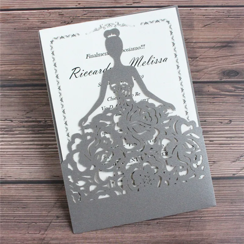 Shimmer grey invitation card princess laser cut bridal shower graduation birthday party postcards