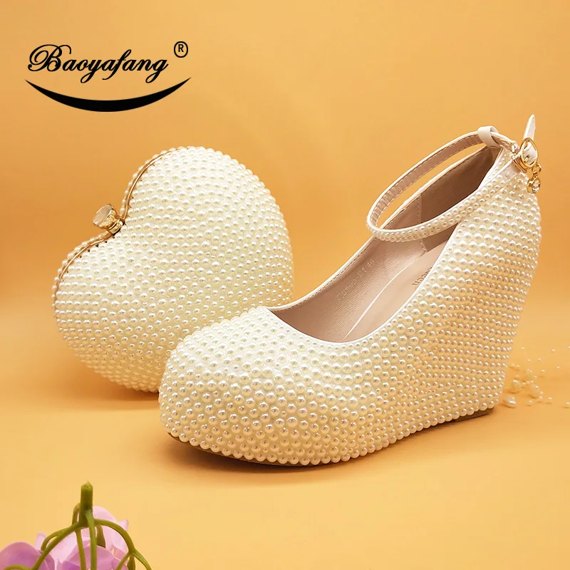 BaoYaFang Womens wedding shoes with matching bags High Wedges Heart purse White/Cream Beads party shoes and bags new arrival