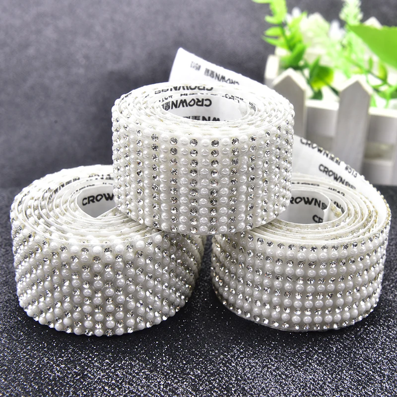 AB Color Self Adhesive Pearl Tape Resin Rhinestone Trim for Wedding Cake Decoration Crystal Applique Iron on Shoes Clothes DIY