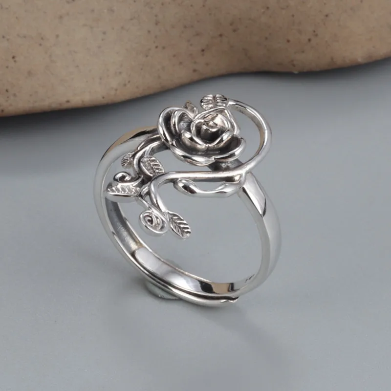 Vintage Real Pure 925 Sterling Silver Branches Rose Flowers Rings For Women Thai Silver Adjustable Elegant Jewelry Ring