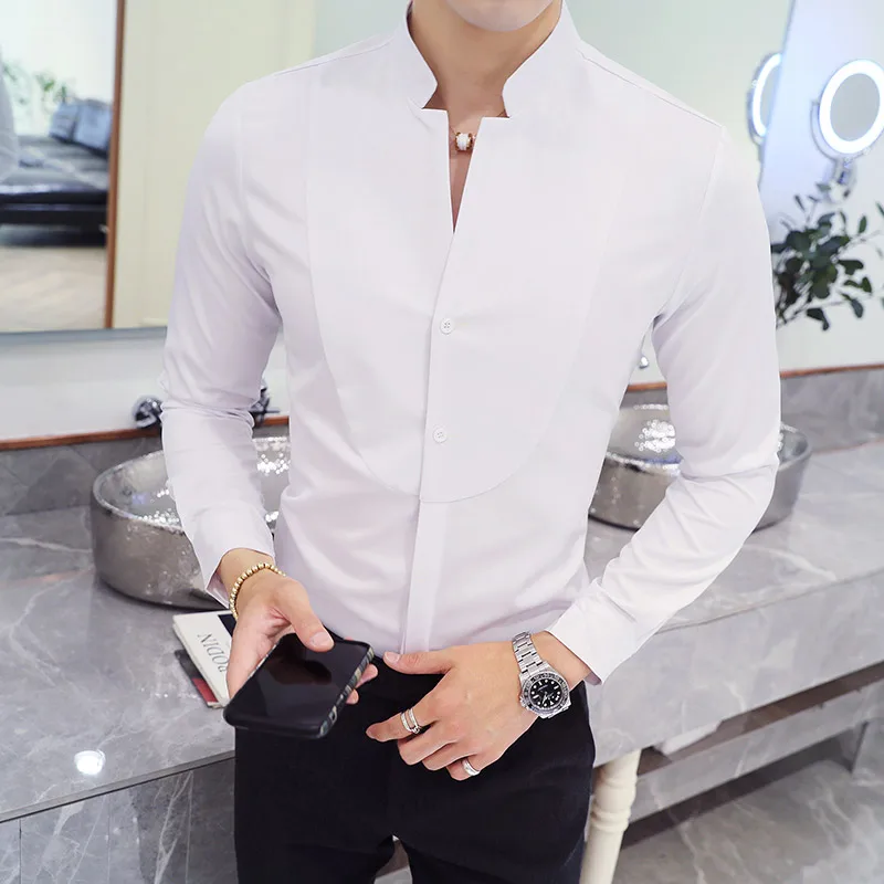 2021 Nightclub Men\'s Work Shirt Solid Color  , Fashion V-neck White Mens Shirts , High-quality Hotel Waiter Slim Shirt Men