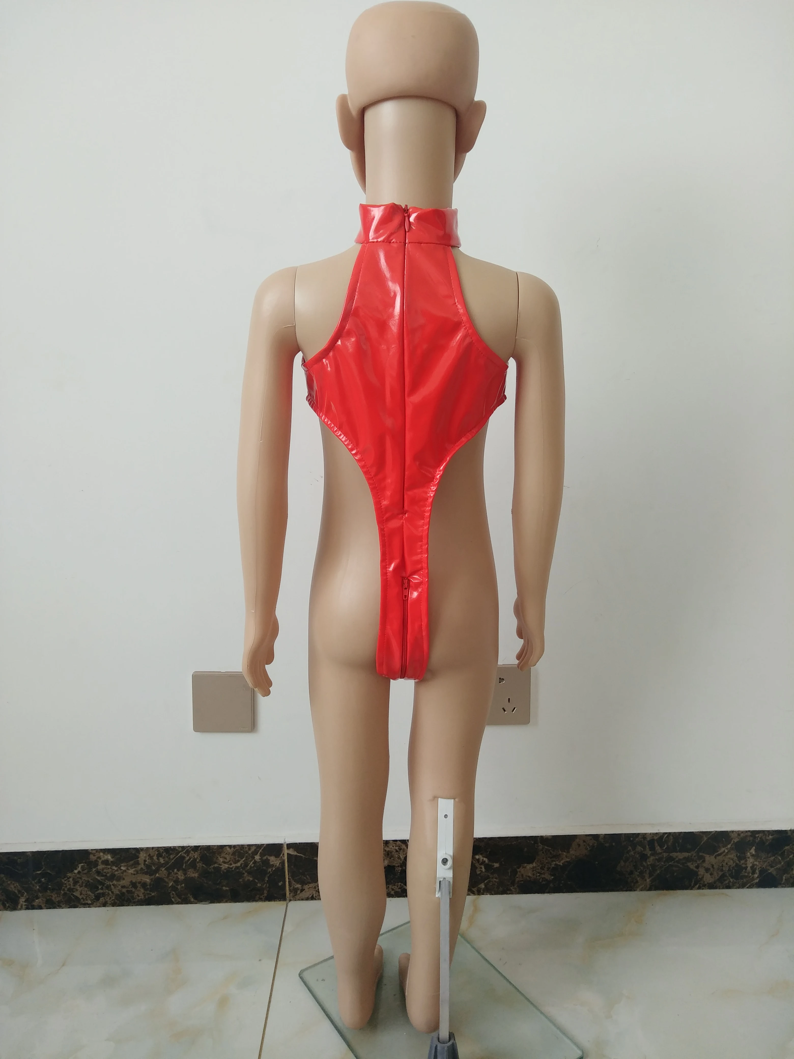 Wysokie kołnierzyki dziewczęce błyszczące sztuczna skóra PVC Bikini wetglook jednoczęściowe strój kąpielowy body obcisłe z zamek błyskawiczny w kroczu