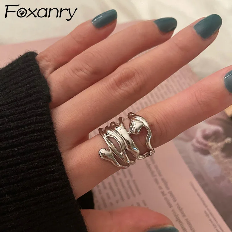 Foxanry Silver Color Rings for Women New Trend Creative Simple Hollow Curve Jewelry Vintage Elegant Party Birthday Gifts