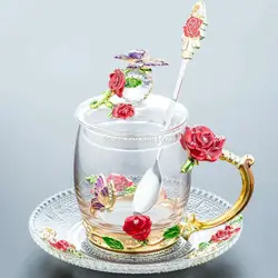 Elegant red and blue rose enamel cup flower tea cup heat-resistant glass office coffee cup juice kung fu tea cup 2019 new