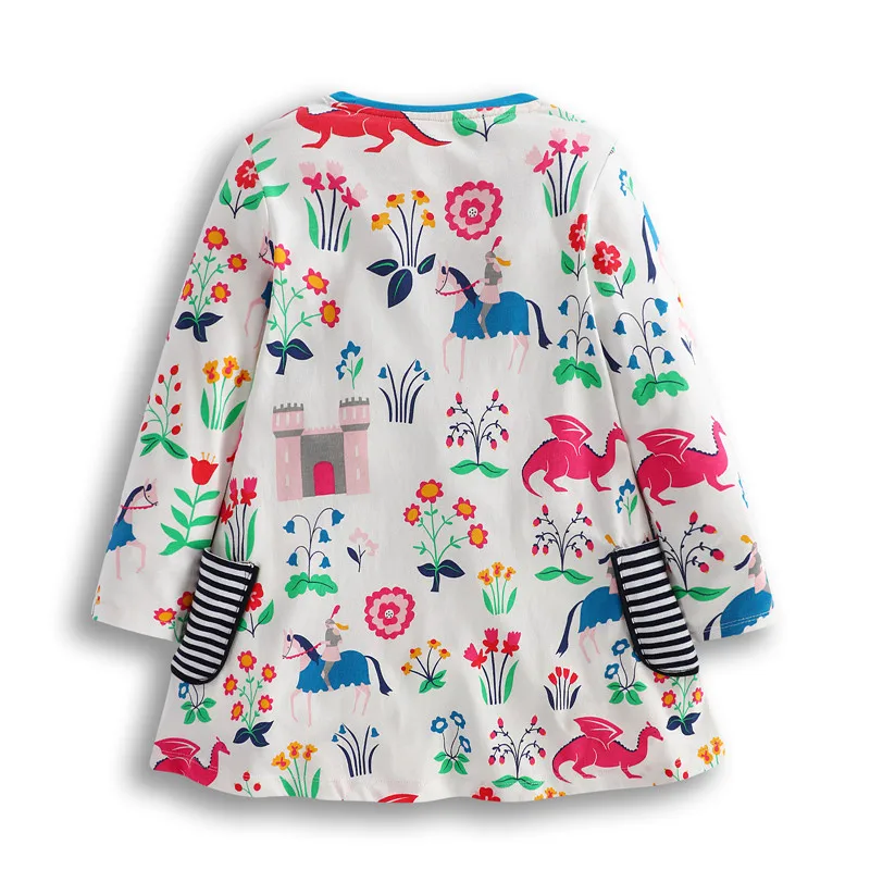 Jumping Meters 3-12T Long Sleeve Autumn Girls Pockets Cotton Clothing Butterflies Print Party Girls Dresses