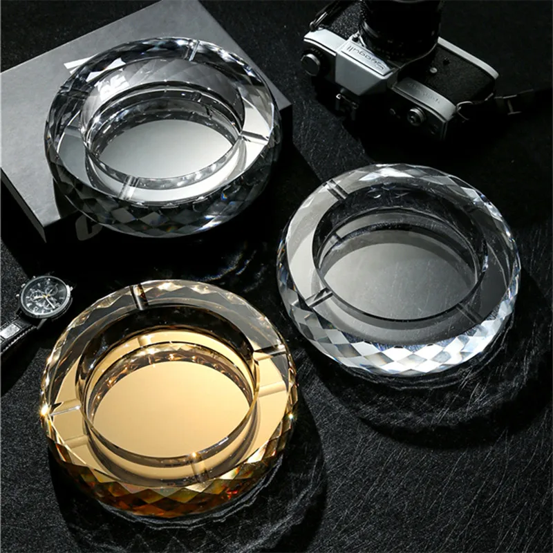 

Large Round Glass Ashtray for Cigarette, Cigar, Clear Gold Crystal Ash Trays, Indoor and Outdoor Ashtrays, Smoking Accessories