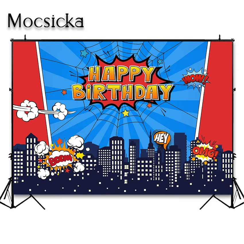 Fondo de superhéroe Mocsicka para decoraciones de fiesta de cumpleaños, edificio urbano, fiesta temática de superhéroe, fondo fotográfico para sesión de fotos