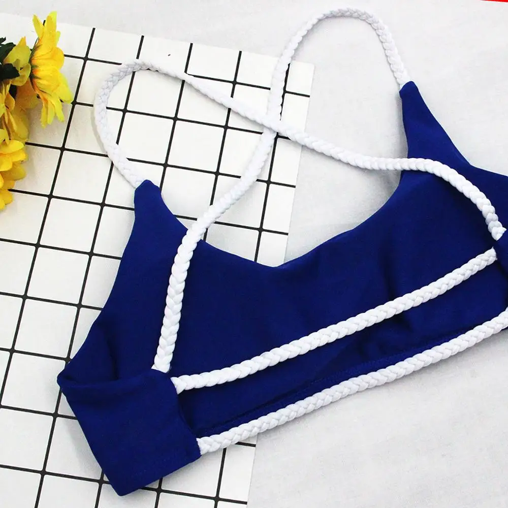 Bikini liso azul para mujer, traje de baño pequeño con relleno de realce, sin aros, con almohadilla para el pecho, 2024