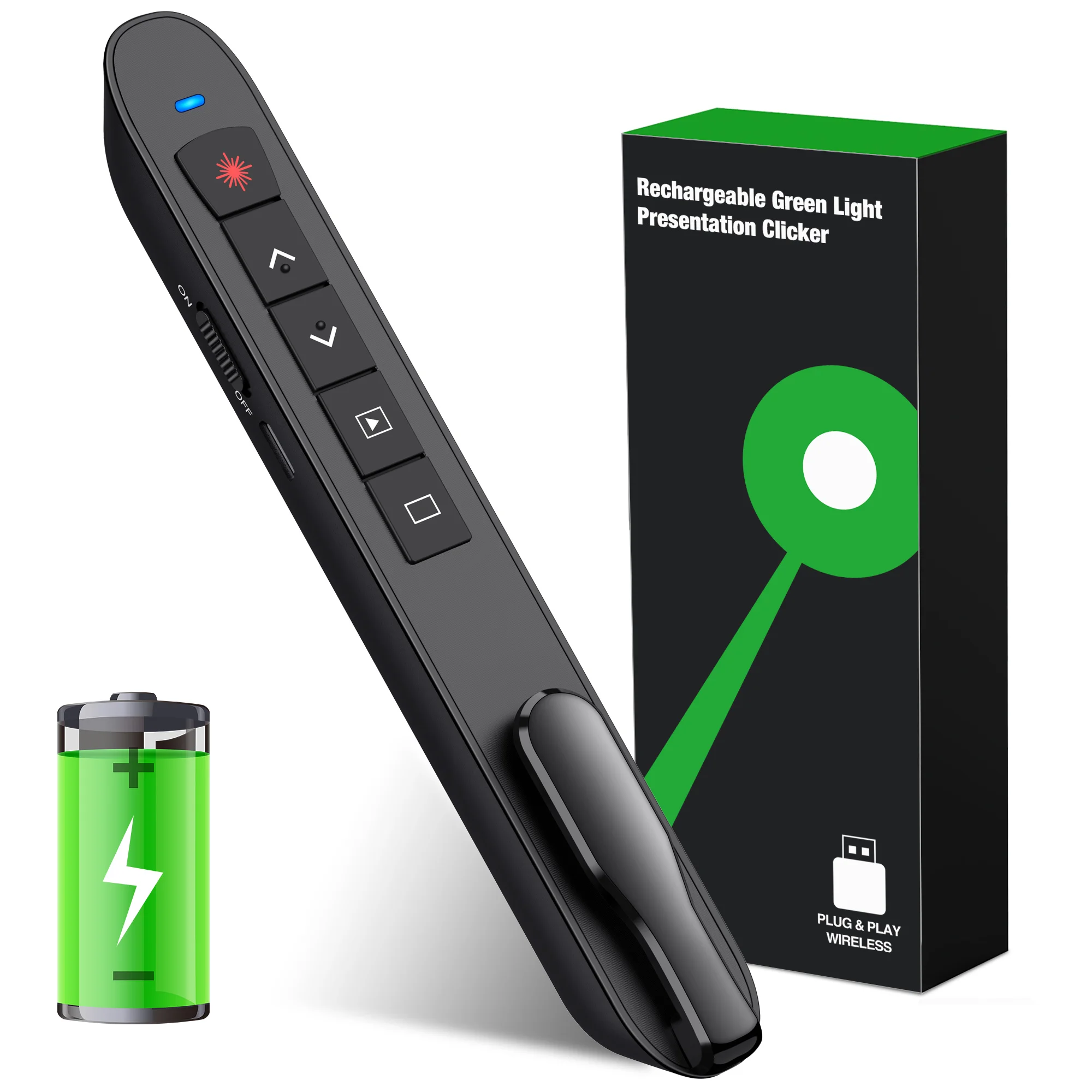 

2.4GHz Wireless Presenter With Green Light Pointer Rechargeable Presentation Clicker USB RF Remote Control Pen For PowerPoint