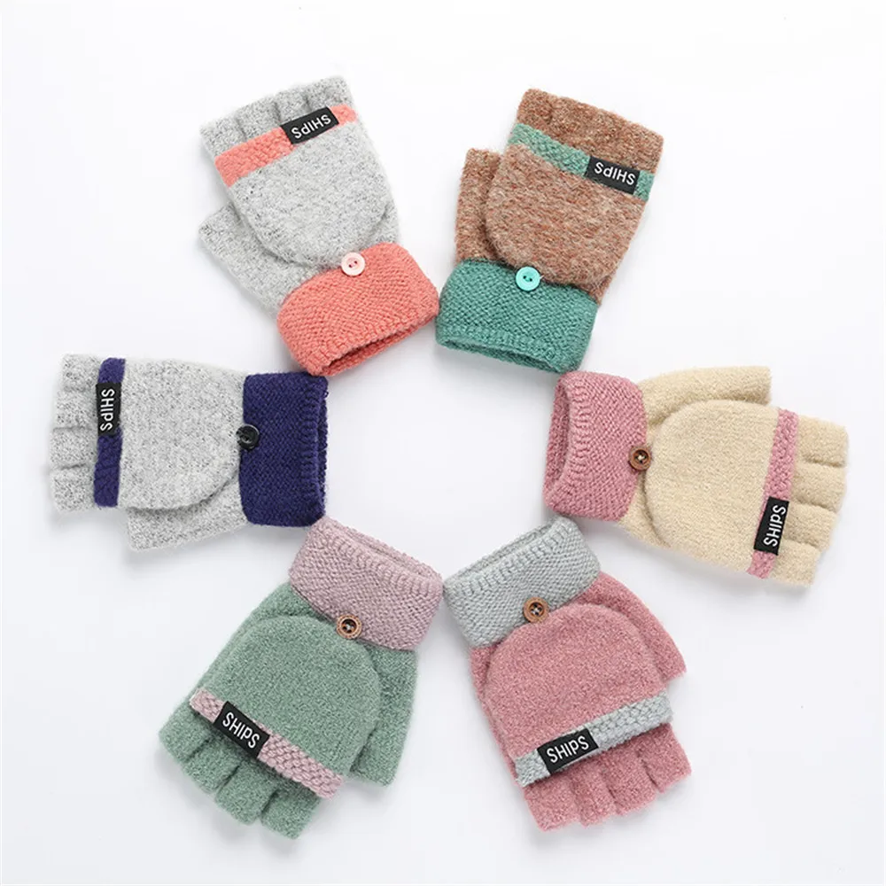 

1Pair Winter Knitted Flip Gloves Gloves Warm Wool Flip Top Gloves Flocking Warm Knitted Half-Finger Gloves Girl Women Gift 2020