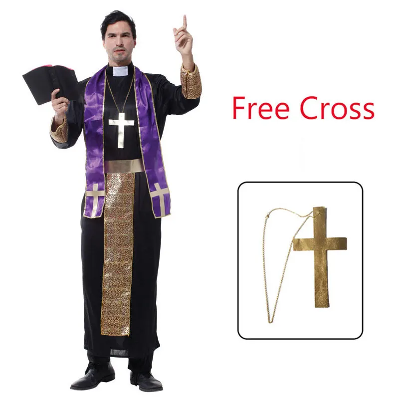 Costume Cosplay Pastor Priest para Homem Adulto, Cristão, Morganários, Pregador, Dia das Bruxas, Festa Purim, Carnaval, Vestido Extravagante com Cruz