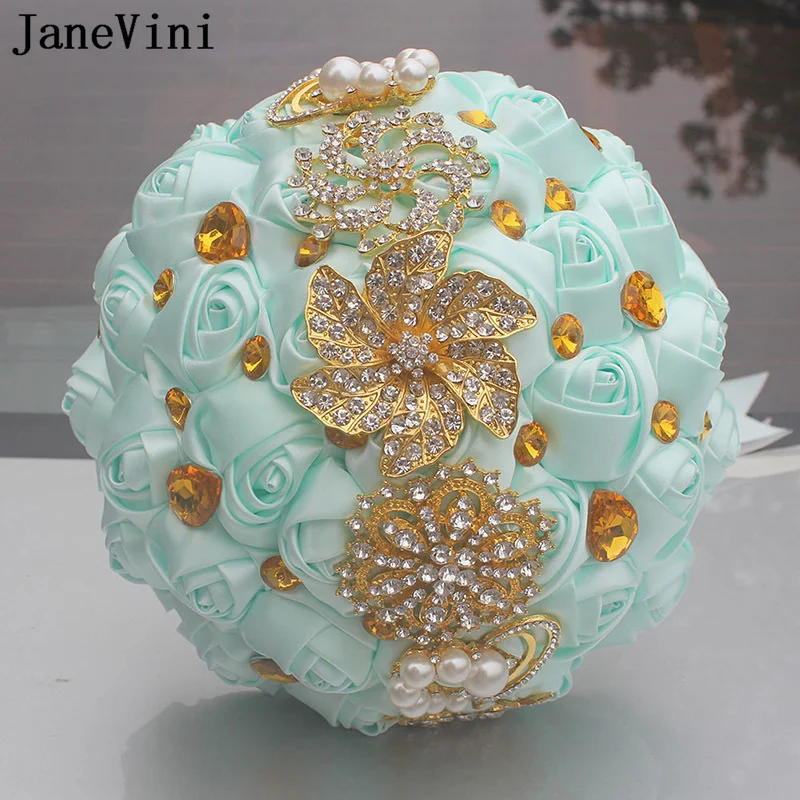 JaneVini Luxurious Sparkling Gold Rhinestone Bride Wedding Bouquet Rose Artificielle Navy Blue Satin Pearl Crystal Bridal Flower