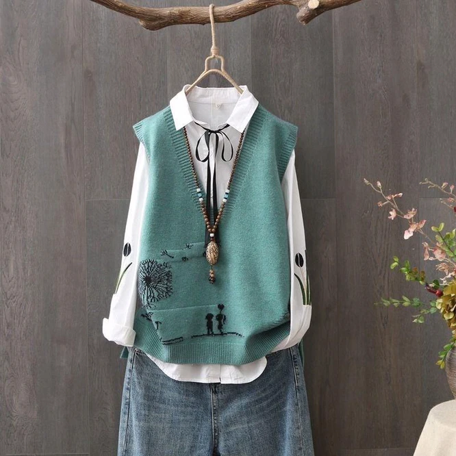 2021 Spring Autumn V-neck Women's Vest Loose Sweater Girl's Literature And Art Leisure Student College Waistcoat  Yellow