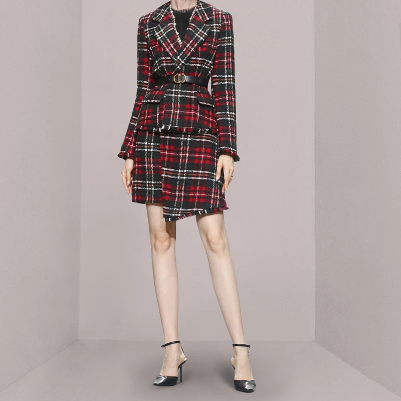 Luxury Design Tweed Women gonna Suit donna Plaid Red risvolto cintura Blazer giacca + nappa gonne irregolari Lady 2 pezzi Set