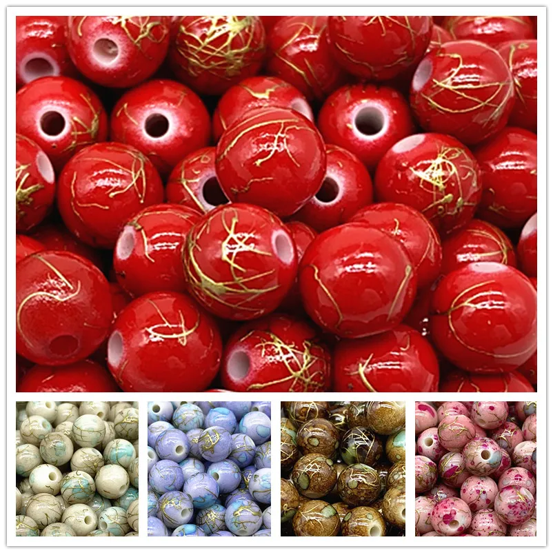 50pcs 8mm Printing Gold Color Wire Round Bead Acrylic Beads for Jewelry Making  DIY Accessory #RoLi