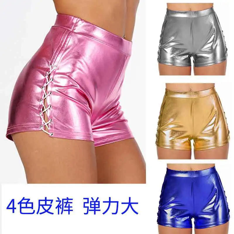 Vrouw Sexy Bandage Shorts Shiny Pu Shorts Mid Taille Plus Size Volwassen Zilver Metallic Rave Booty Shorts Dans Lederen Shorts