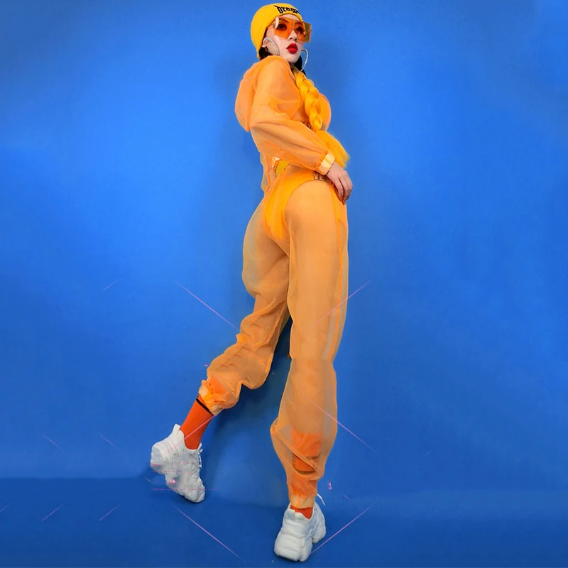 Hip Hop Performance Costume Female Nightclub Bar Dj Bikini Fluorescent Color See-Through Jumpsuit Jazz Dance Clothes  DNV13591