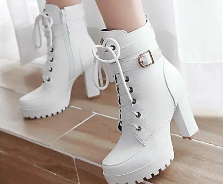 New Women High heels white Boots 10cm Thick High Heel Round head Zipper Mother Shoes Mom Boots Pumps Boots Female classic Shoes