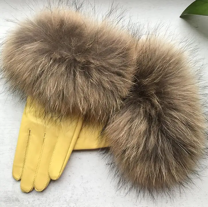 

Women's natural big raccoon fur genuine leather glove lady's warm natural sheepskin leather plus size yellow driving glove R2448