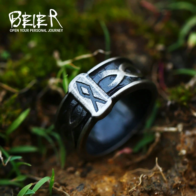 Beier New Designs Viking Norse Mythology Odin Rune Men Ring Viking Tree of Life Norse Amulet Wolf Totem Jewellery Wholesale