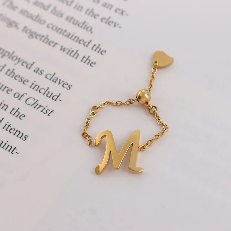 New Personality 316L Stainless Steel Pull Chain M Letter Ring Female Gold Plated Adjustable Ring for Women Girls Jewelry
