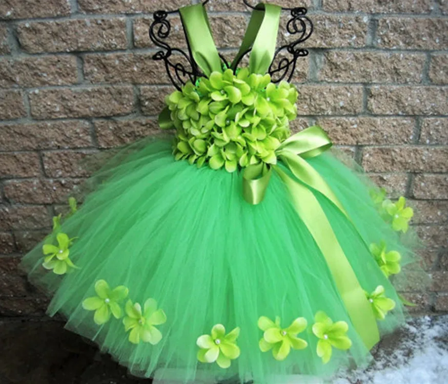 Girls Green Flower Petals Tutu Dress Kids Fluffy Tulle Straps Dress Ball Gown with Ribbon Bow Children Party Costume Dresses