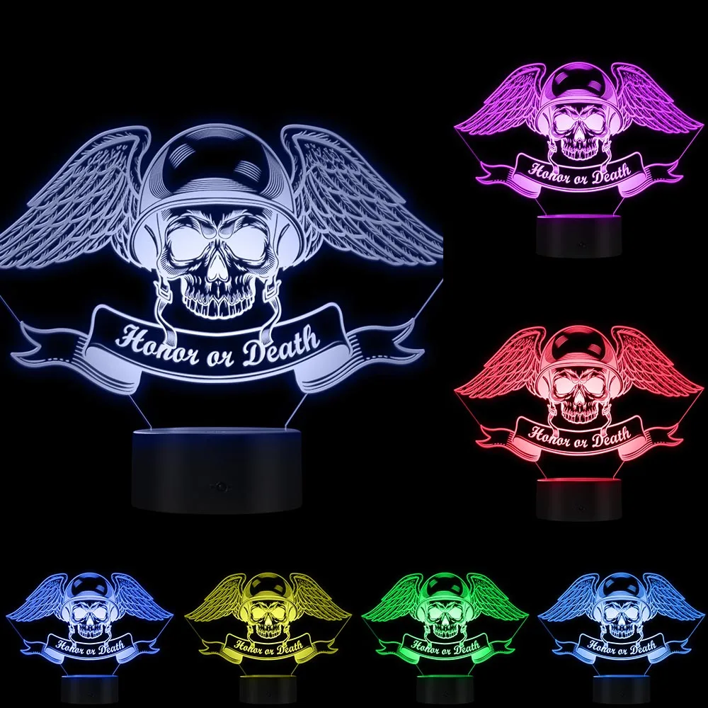 Honor Or Death 3D acrilico Illusion Night Light Dead Skull Wing Hat spirito militare lampada da scrivania illuminata a LED con cambio colore