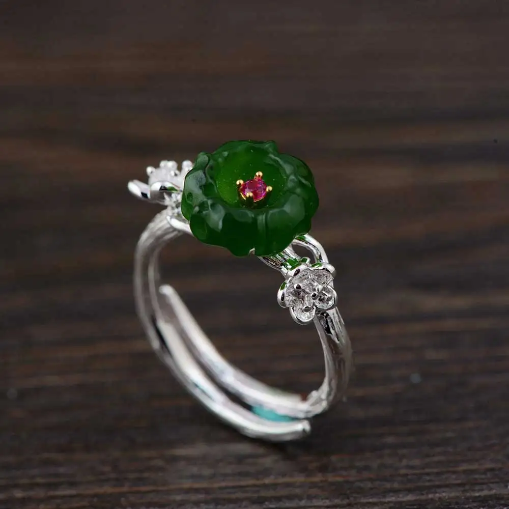 

FNJ 925 Silver Ring for Women Jewelry 100% Original Pure S925 Silver Sterling Rings Natural Hetian Jade Flower Green Stone