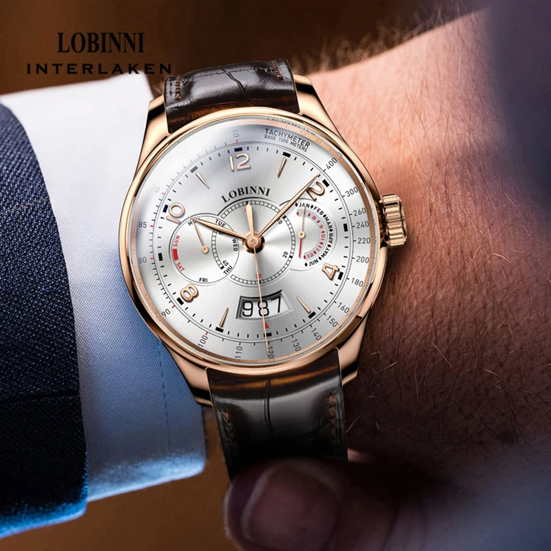 LOBINNI Top Luxury Mens Automatic Mechanical Watch Date Week Multi Function Watch Sapphire Waterproof Clock Relogio Masculino