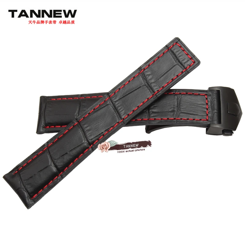 

Genuine leather bracelet 19mm For Tag heuer Watch band Black red line men Wristband accessories Fold buckle leather Watch strap