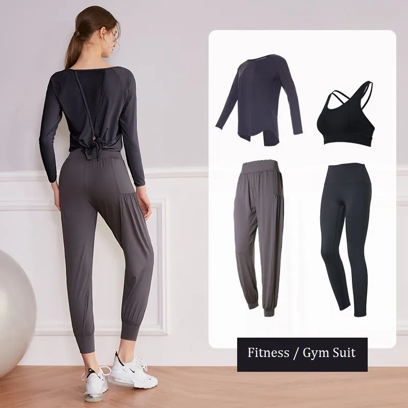 Yoga Set Women Gym Clothing Loose Running Sweatpants Back Tie Long Sleeved Shirts Seamless Fitness Leggings Workout Sport Suits