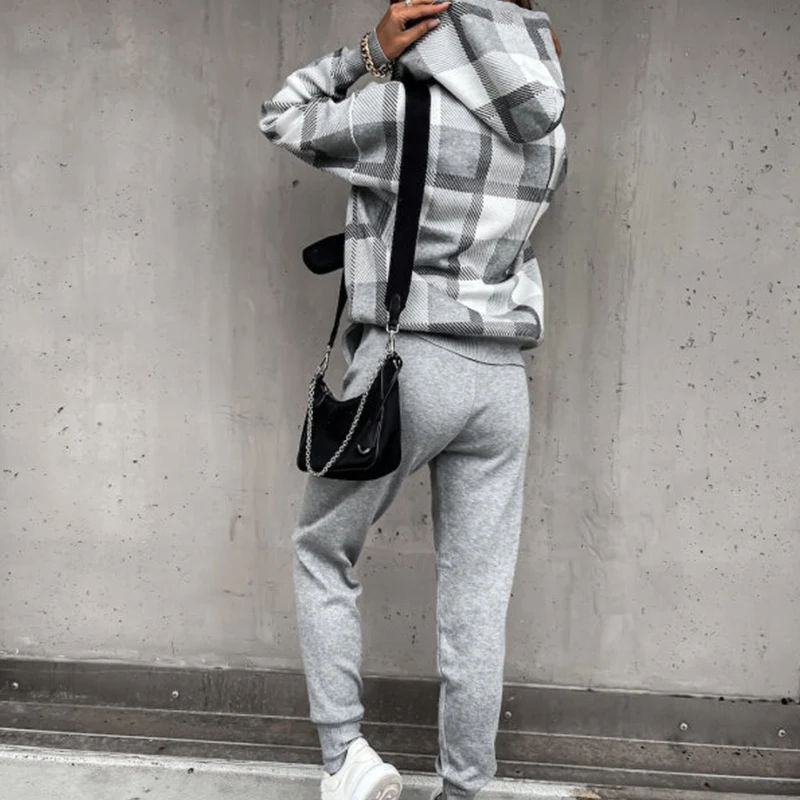 Women Tank+Plaid Pattern Hooded Sweatshirt+Pencil Pants Sets Ladies Casual Long Sleeve Sports Outfit Elegant Three Piece Suits