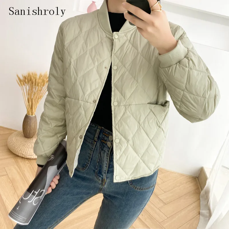 Sanishroly Women Ultra Light White Duck Down Jacket Lady O Neck Single-breasted Bomber Coat Casual Diamond lattice Short Parka