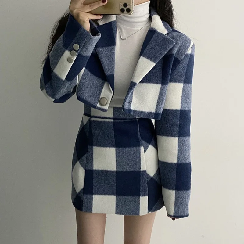 Single Button Blue White Plaid Woolen Sets Fashion Autumn Notched Long Sleeve Crop Coat High Waist Plaid Skirt Two-piece Suit