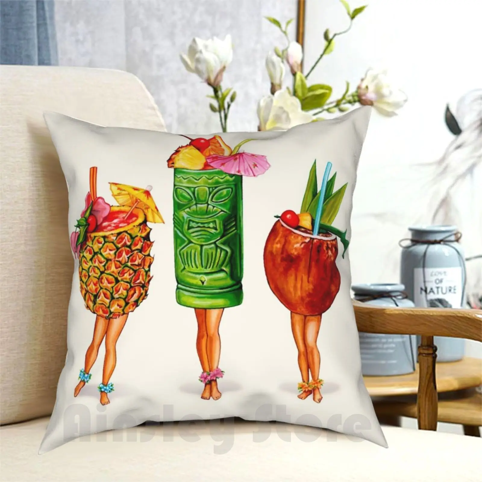 Tiki Cocktail Pin-Ups Pillow Case Printed Home Soft Throw Pillow Tiki Tropical Hawaii Cocktails Cocktail Vacation Retro