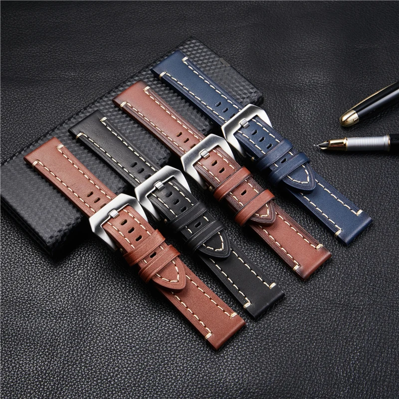 Vintage Handmade Genuine Leather Watch Straps Popular Grilled Design Strap Male Business Watchband 18mm 20mm 22mm 24mm