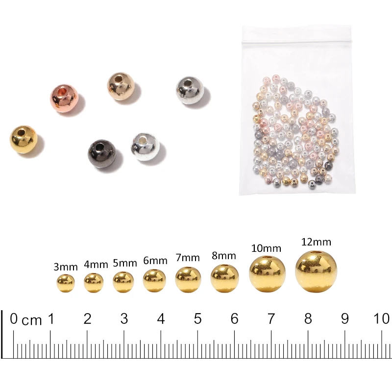 Cuentas redondas sueltas para hacer pulseras, collares y joyas de boda, bolas CCB de Color dorado de 3, 4, 6, 7, 8, 10, 12mm, 50-500 piezas